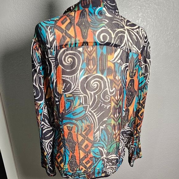 Chicos Sheer Button Up Top Large Abstract Print - Picture 4 of 10